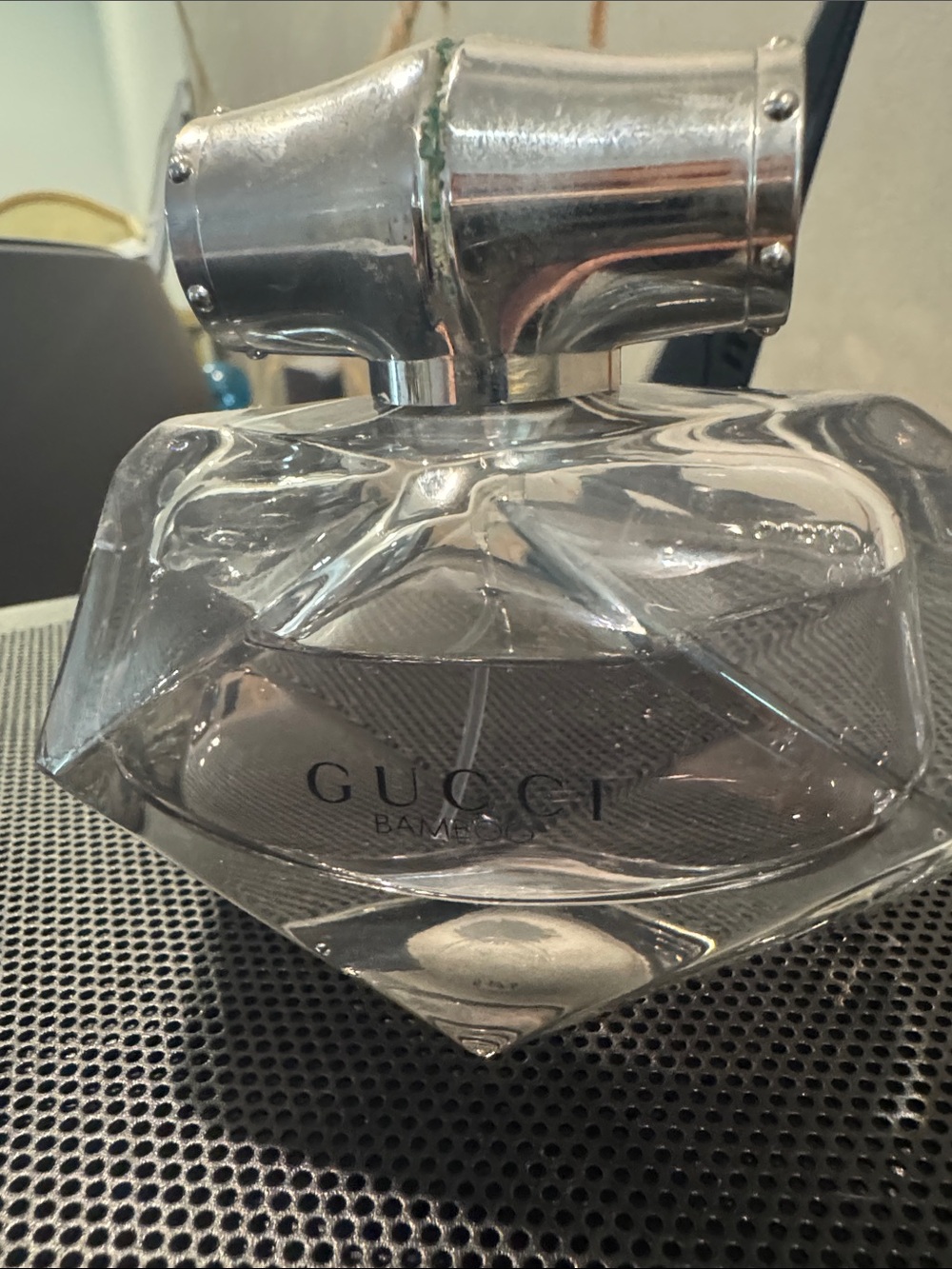 Gucci Clear Faceted Glass Decorative Bottle with Silver Top